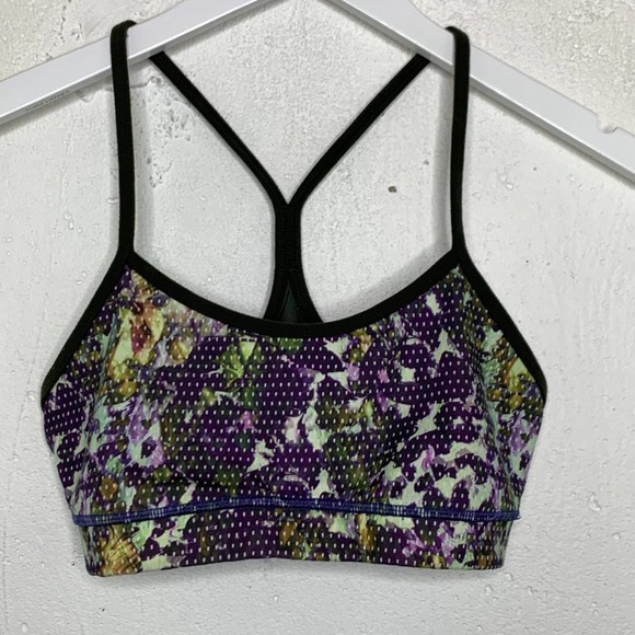 Lululemon Flow Y Sports Bra Floral Multi Gator Green Luon Workout FLAW Size 6 - Picture 3 of 8